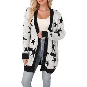Women's Acrylic V-Neck Long Sleeve Bow Jacquard Knit Sweater Open Cardigan